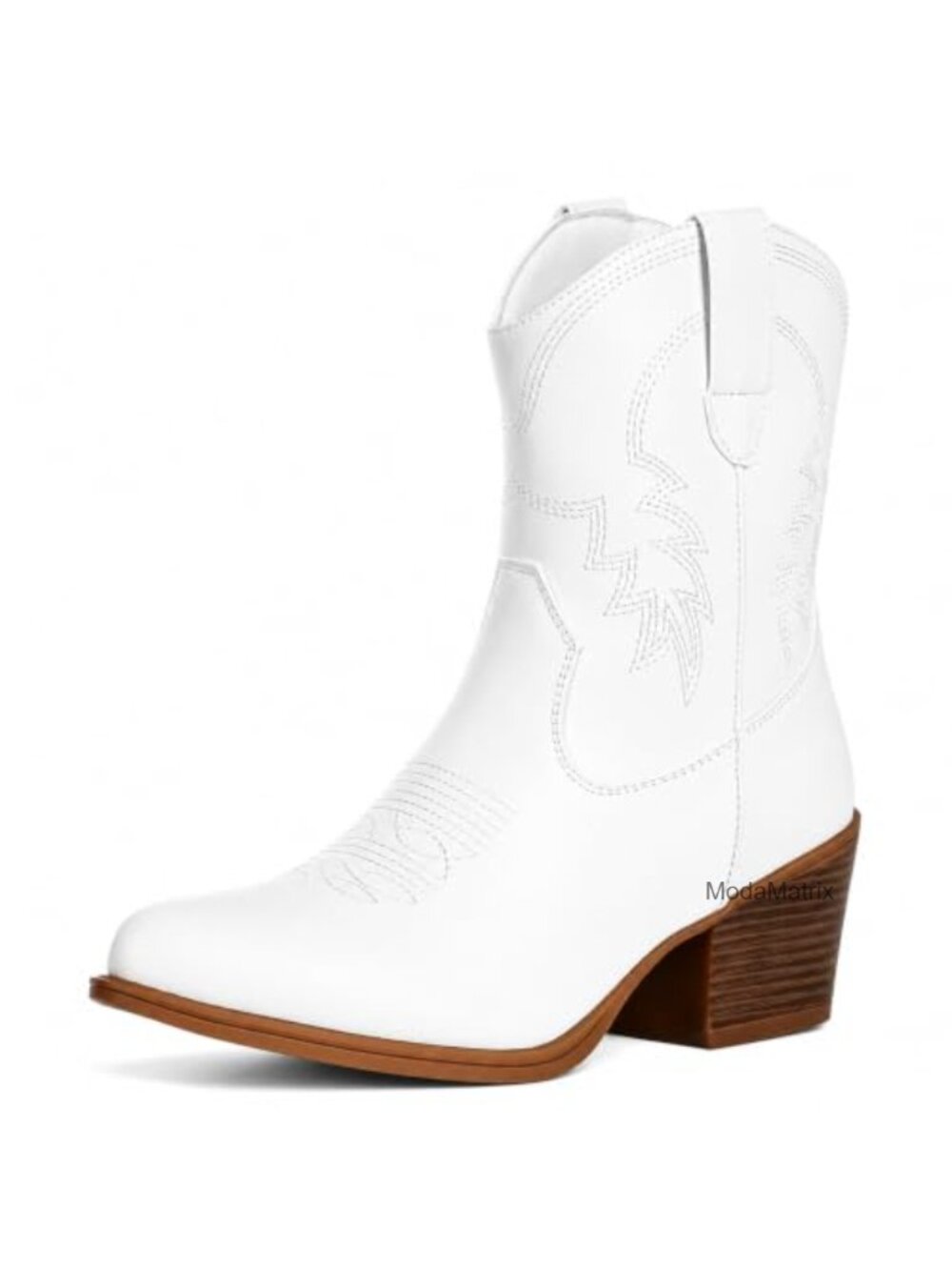 Women's Ankle Cowgirl Boots Wide Calf Embroidered Block Heel Faux Leather